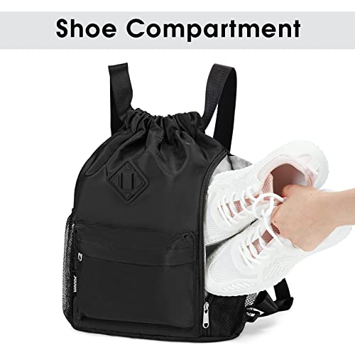 WANDF Small Black Drawstring Gym Backpack with Shoe Compartment
