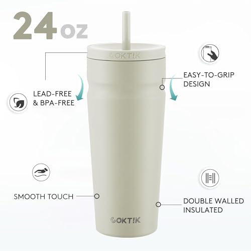 Insulated Travel Tumbler 24oz with Lid & Straw - Almond Birch, Double Wall Stainless Steel