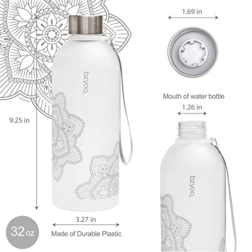 32 Oz Reusable Water Bottle with Time Markings, Frosted Plastic, Strap, Silver
