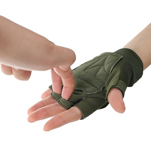 Kids Tactical Half Finger Cycling Gloves - Green, Anti-Slip, Adjustable Wrist