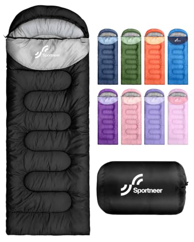 Sportneer 3-Season Sleeping Bag for Adults & Kids - Black & Light Gray, 50-80℉, 3.3lbs, Compression Sack