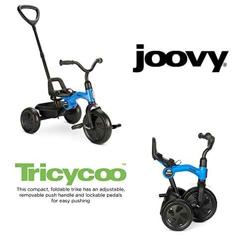 Joovy Tricycoo Fold & Go Toddler Tricycle Featuring Removable, Adjustable Push Handle, Lockable Pedals, Height-Adjustable Seat, 3-Point Safety Harness, and Rear Storage Box (Blueness), 27.6"x18.5"x37"