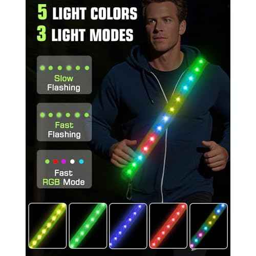 Zacro LED Reflective Sash Light Up Vest for Night Walking with 5 Colors & 4 Light Modes, Rechargeable High Visibility Neon Safety Gear for Men Women Dog Walking