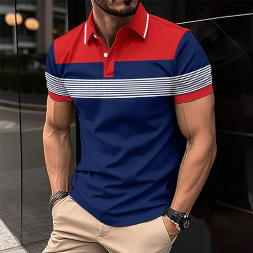 Mens Fashion Color Block Polo Shirts Casual Short Sleeve T Shirt Striped Moisture Wicking Golf Shirts Tops