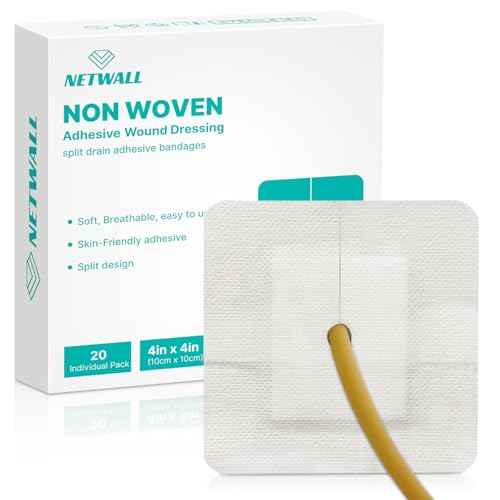 Split Drain Adhesive Bandages 4" x 4" Pre-Cut for Feeding Tubes, Dialysis Catheters & Drains - Soft Non-Stick Pad - Individually Wrapped 20 Pack Wound Dressing Pads