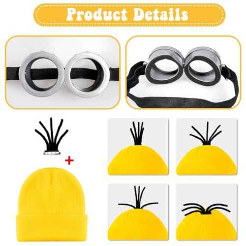 MOVINPE Halloween Costume Accessories, Yellow Beanie Hats Steampunk Goggles Glasses Elastic Suspenders Gloves Buttons Halloween Cosplay Party Set