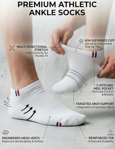 Men's Cotton Athletic Ankle Socks 6 Pack Low Cut Casual Comfort - White 9-11
