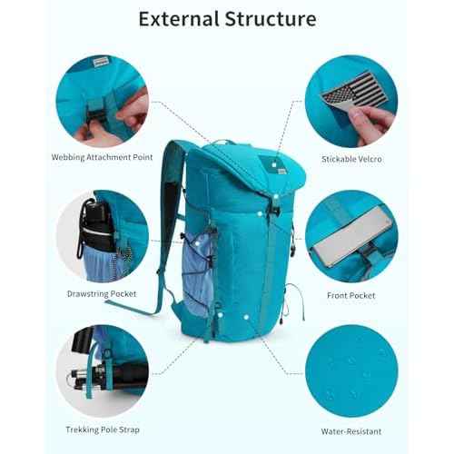 Blue Quartz Hiking Backpack 30L Lightweight Packable Backpack for Travel, Water Resistant Foldable Daypack for WoMen Men, Blue Green