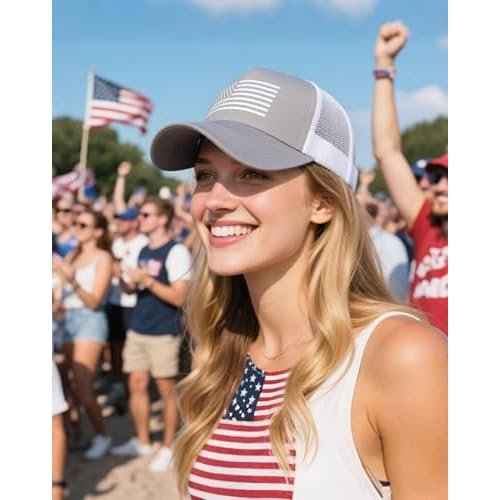 2 Packs American Flag Trucker Hat, Adjustable Mesh Snapback USA Flag Baseball Caps for Men Women