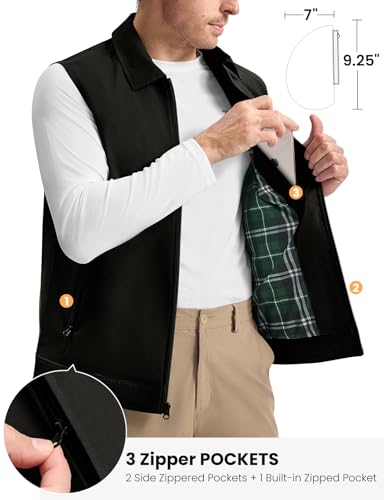 Men's Lightweight Casual Vest with 3 Zip Pockets - Black, 3X-Large