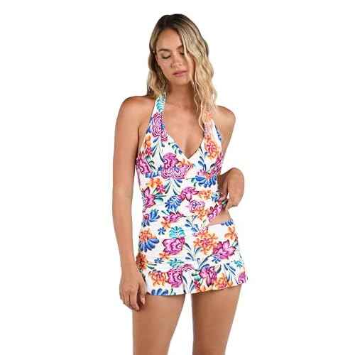 La Blanca Women's V-Neck Halter Tankini Swimsuit Top, Multi//Flor De Paradiso, 6