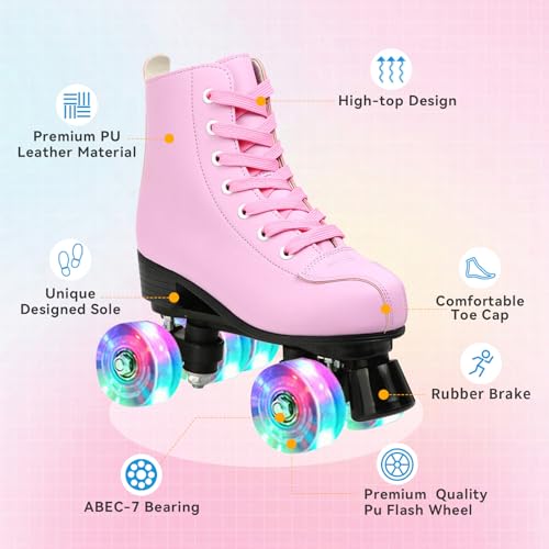 Pink High-Top Roller Skates for Women Men Double-Row PU Wheels - Size 40 US / 9 Women, 7.5 Men