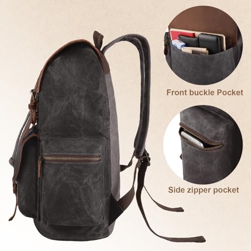 Dark Grey Vintage Waxed Canvas Backpack with Leather Accents