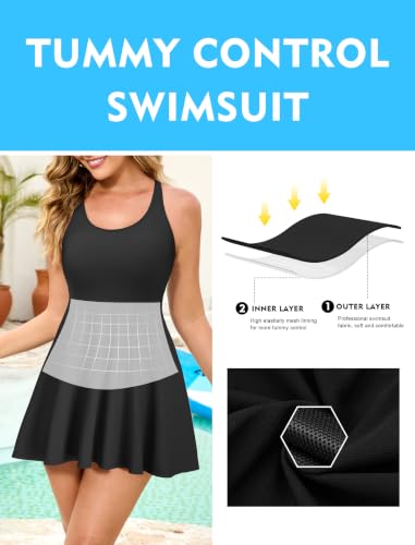 Women’s One Piece Swimsuit Tummy Control Swim Dress - Solid Black, Size S-24W, Variation 22