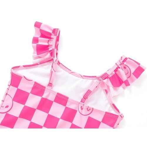 Girls One Piece Swimsuit - Adjustable Strap, Checked Face & Mermaid Print Toddler Ruffle Bathing Suit Size 2T-10