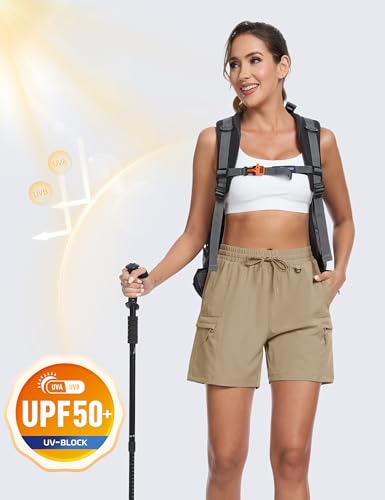Women's Khaki 5-Inch Hiking Cargo Shorts - Lightweight, UPF 50+ Quick Dry Athletic Summer Shorts with Pockets