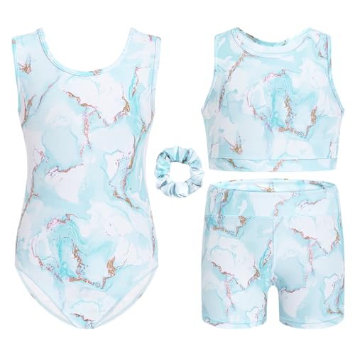 Girls Gymnastics Leotard Set with Crop Top and Shorts - 6-7 Years, Blue Marble