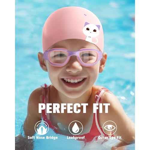 Kids Swim Goggles with Silicone Swim Cap, Swimming Goggles Cap Set for Kids 6-14, Anti-Fog Anti-UV for Boys Girls