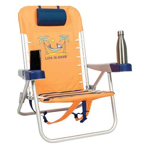 Life is Good 4-Position Lace-up Backpack Beach Chair with Pillow, Cup and Phone Holder, Canyon Orange