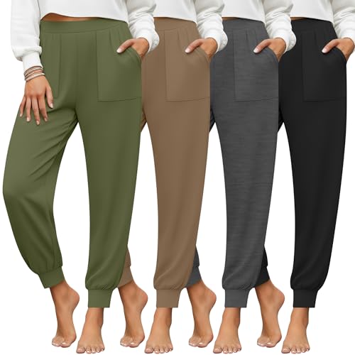 Women’s Lounge Joggers with Pockets - 4 Pack, Black, Heather Gray, Coffee, Army Green - Medium