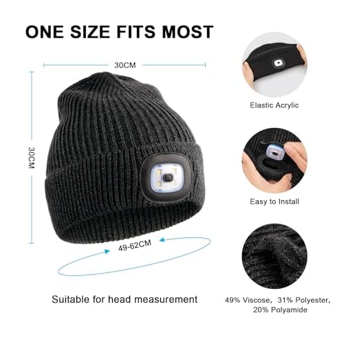 Wmcaps Unisex Hat with Light, USB Rechargeable LED Beanie, Winter Warm Knitted Headlamp Hat Gifts for Men Him Dad Husband