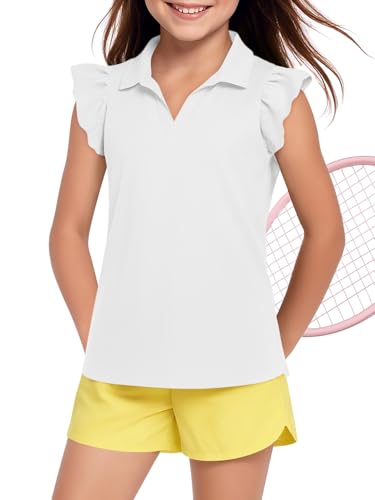 Girls Ruffle Short Sleeve Polo Shirt Golf Tennis Top 5-14 Years - White, 11-12 Years