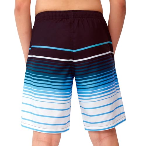 Kids Swim Trunks 2-in-1 Bathing Suit with Quick Dry Board Shorts & Compression Liner - Sky Blue Stripes, Size 14-16