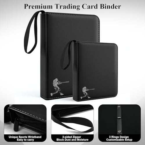 Black PU Leather Baseball Card Binder 900 Capacity with Removable Sleeves - Large