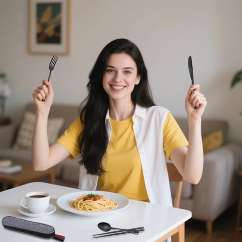 Reusable Travel Utensils Set with Case, Premium Stainless Steel Flatware, Portable Silverware for Lunch, Camping, Picnic, Travel Fork and Spoon Set, To Go Utensils, Dishwasher Safe