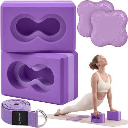 Purple Yoga Blocks 2 Pack with Wrist Support, Knee Pads & Strap - Exercise Set
