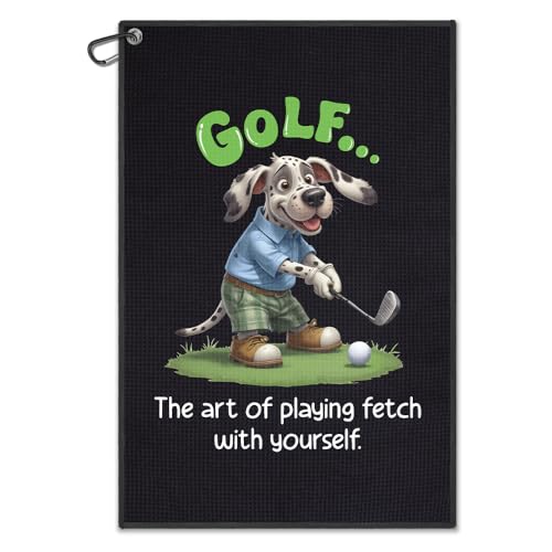 Golf Towels with Clip - Art of Playing Fetch with Yourself in Black