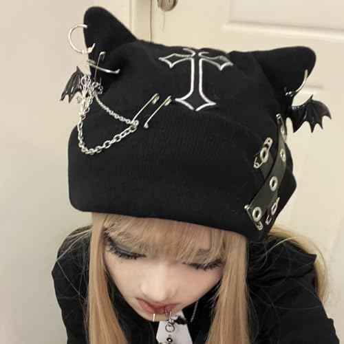 Y2k Goth Beanie Hats for Women Winter Punk Emo Grunge Cat Ear Knitted Cap Gothic Streetwear Halloween Accessories