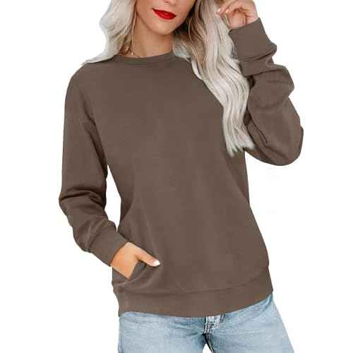 RUMIA Crewneck Fall Sweatshirts for Women Trendy- Women's Plain Long Sleeve Pullover Tops with Pockets Fashion