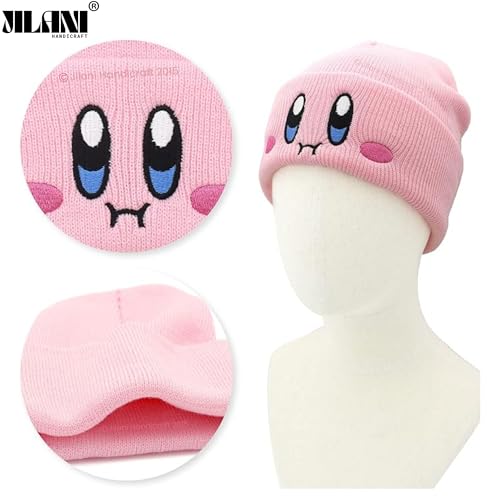 Kids Anime Beanie Hat Pink - Cute Kawaii Slouchy Embroidered Face Knit Cap for Adults
