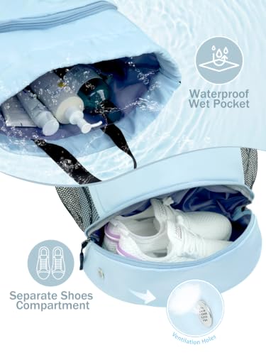 Large Water-Resistant Drawstring Backpack with Shoe & Wet Pocket - Blue