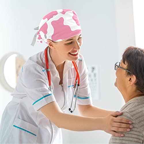 Work Caps Bouffant Surgical Cap with Hair Tie Cow Skin Print Pink Ponytail Holder Tie Back Scrub Hat
