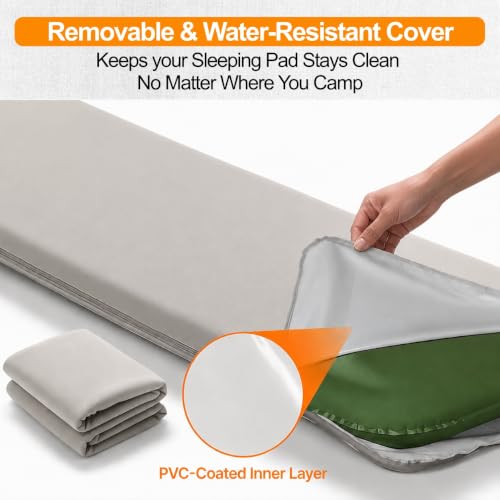 Army Green Self-Inflating Memory Foam Sleeping Pad with Removable Cover