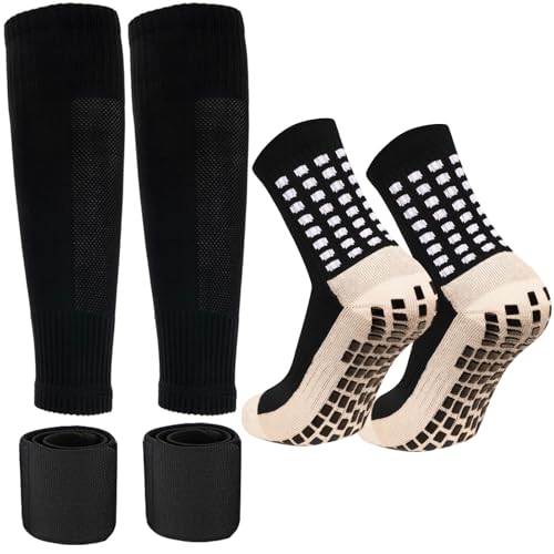 Men's Soccer Non-Slip Ball Socks with Shin Guard Straps - Black with Straps