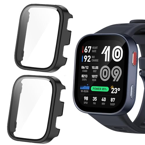 Lamshaw Hard PC Case with Tempered Glass Screen Protector for Amazfit Bip Max 50mm Smartwatch Black+Black