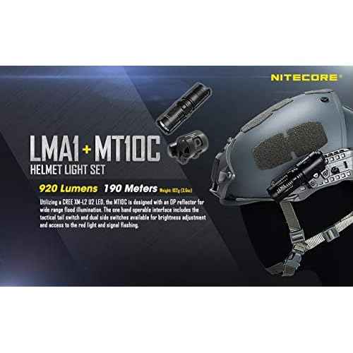 Nitecore MT10C 920 Lumen ARC Rail Tactical Helmet Light, Rechargeable and Rotary with Red Light