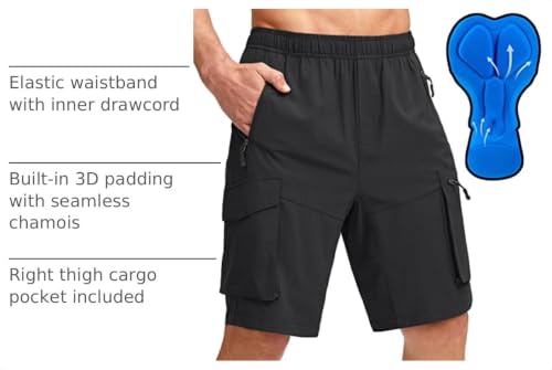 Men's Mountain Bike Shorts - Large Black 3D Padded Cycling Biker Shorts with Zipper Pockets