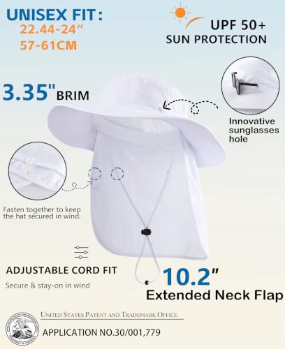 White UPF 50+ Wide Brim Sun Hat with Neck Flap - Men & Women Gardening & Sun Protection