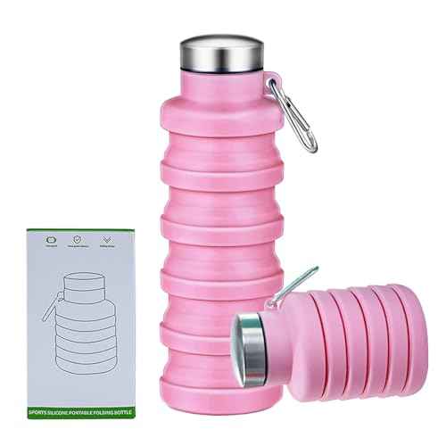 Collapsible Water Bottle,16oz Capacity Portable Reusable Silicone Water Bottle, Leak-proof, with buckle, foldable storage, Lightweight Durable for Fitness, Cycling, Sports, Camping, Hiking (Pink)