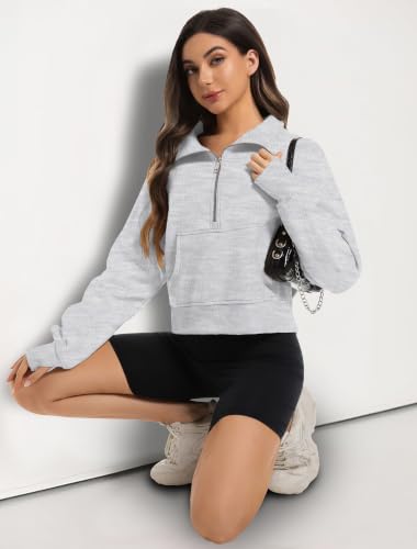 Women's Half Zip Cropped Fleece Hoodie - Small Grey Fall Fashion