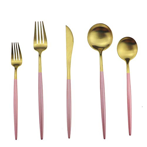 Pink Gold Flatware Set for 4 - 20 Pcs Matte Pink Handle Stainless Steel Cutlery