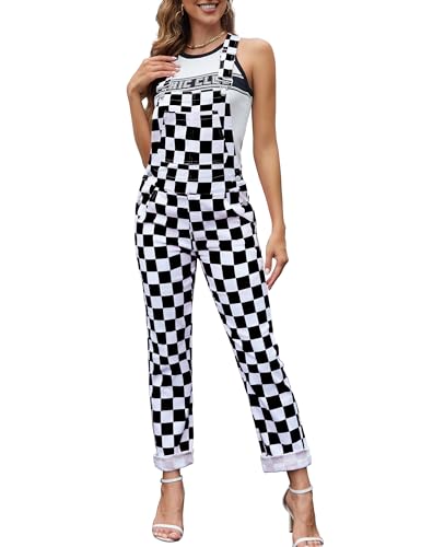 Checkered Pants Womens Overalls Bib Coveralls Jumpsuit Medium Black and White Checkered