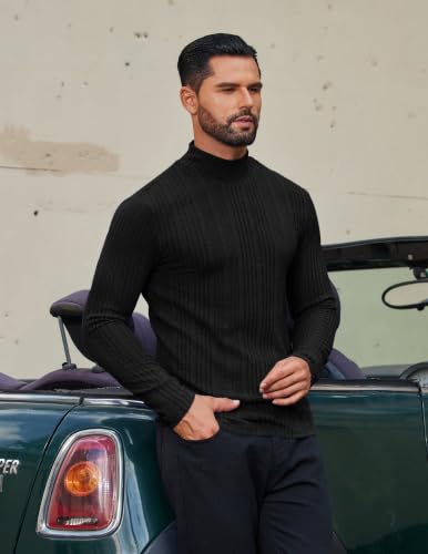 Men's Black Medium Fleece Thermal Mock Turtleneck Long Sleeve Shirt - Slim Fit