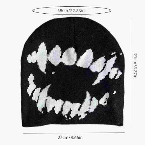 Black Graphic Beanie for Men Women, Streetwear y2k Knitted Hat, Slouchy Goth Skull Cap (2 pcs)