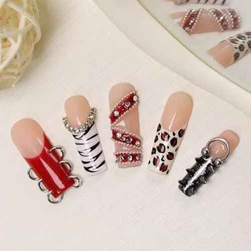 100% 5D Handmade Press on Nails with Charms Long Square Nails Press ons- Red French Tips False Nails Rhinestone Brown Leopard Fall Press on Nails for Women Girls Daily Wear DIY Manicure Size M