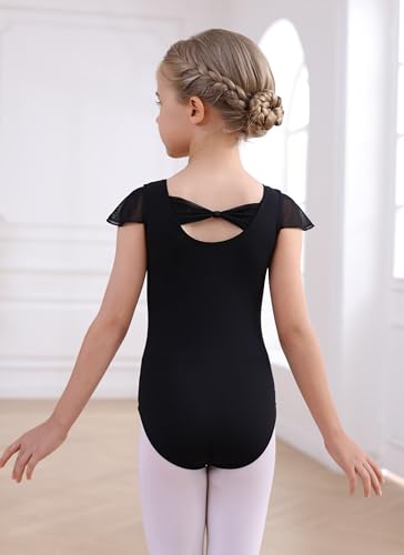 Girls Ballet Leotard for Toddler Kids - Black, 6-8 Years, Bow Back Ruffle Sleeve